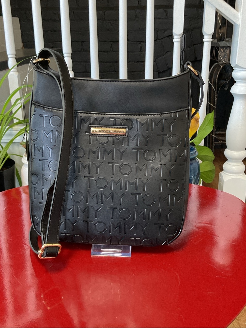 Tommy Hilfiger Embossed Black Logo Crossbody Shoulder Bag